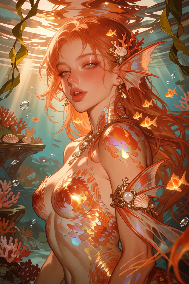 A mesmerizing portrait of a graceful mermaid with flowing tangerine-orange hair fading into coral red,  adorned with delic...