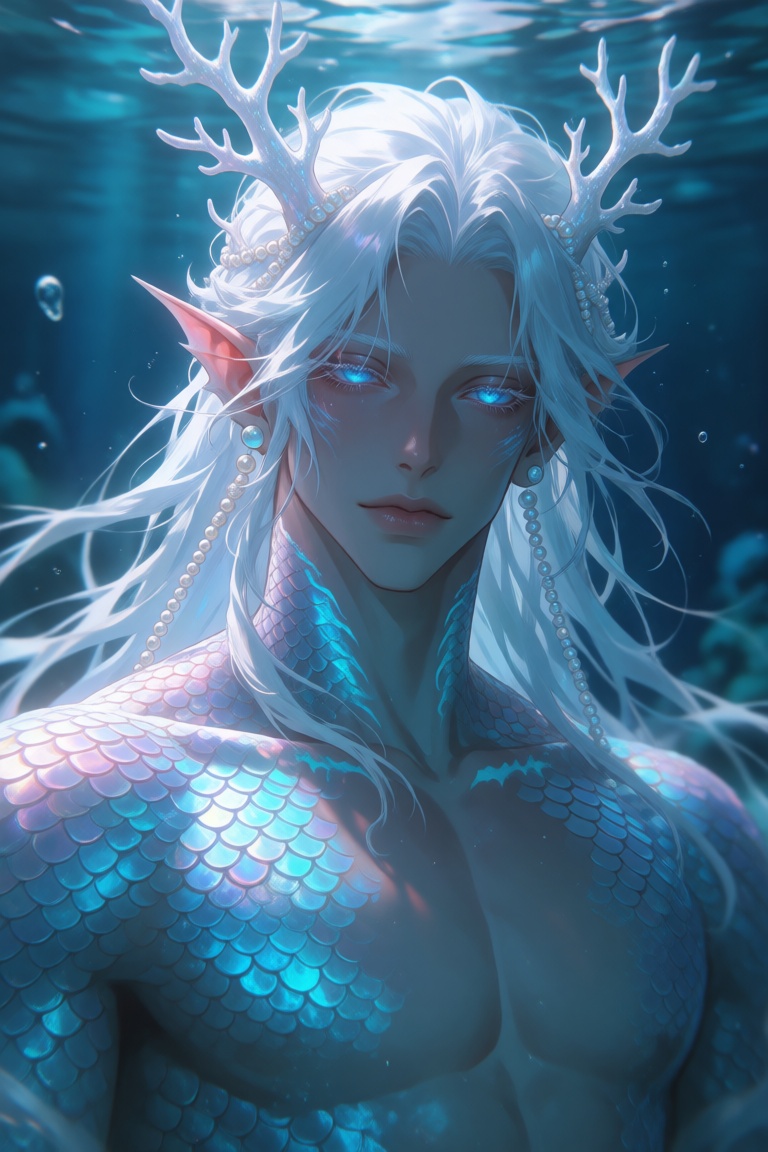A striking portrait of a merman,  with very long white flowing hair adorned with iridescent pearl beads and intricate whit...