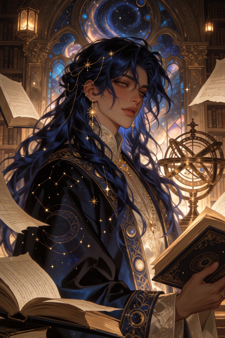 captivating portrait of an immortal librarian with midnight-blue hair flowing weightlessly around them,  decorated with de...