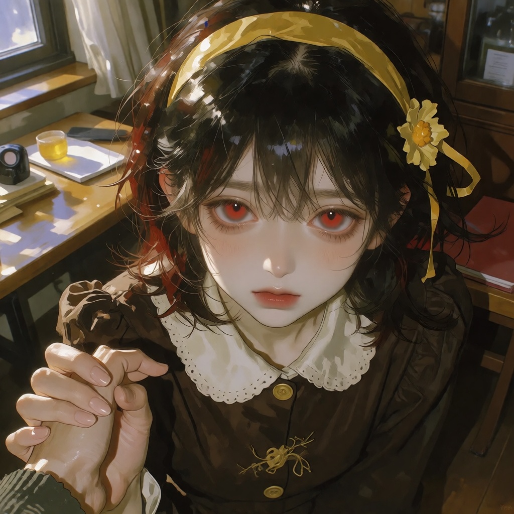 An anime-style illustration of a young girl with short black hair and striking red eyes,  wearing a brown dress with a whi...