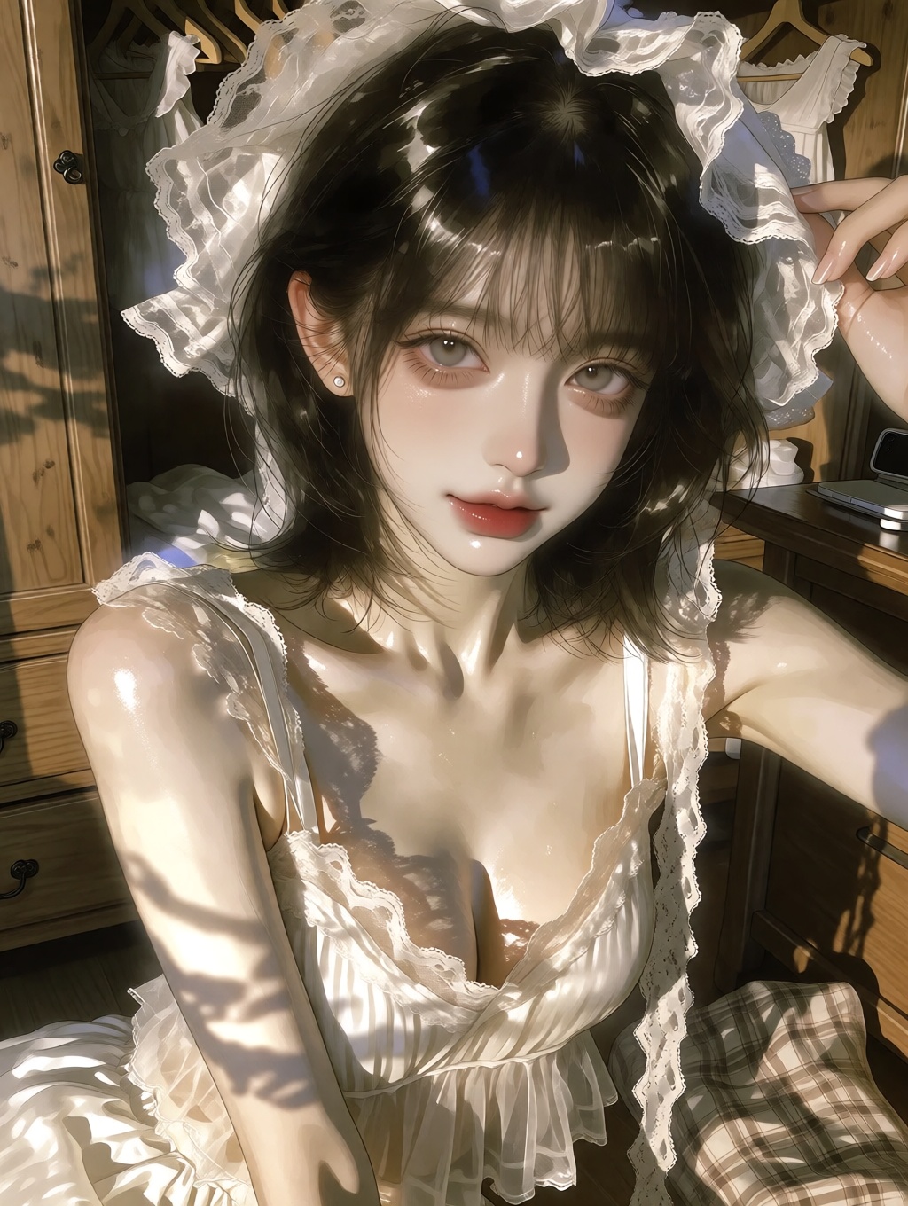 "subject": "description": "A charming young East Asian woman in her early 20s with fair porcelain skin,  taking a casual i...