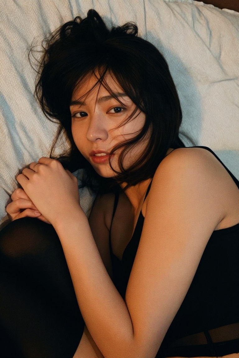 a close-up portrait of a young woman lying on a bed. She is wearing a black sleeveless top with sheer panels on the sides...