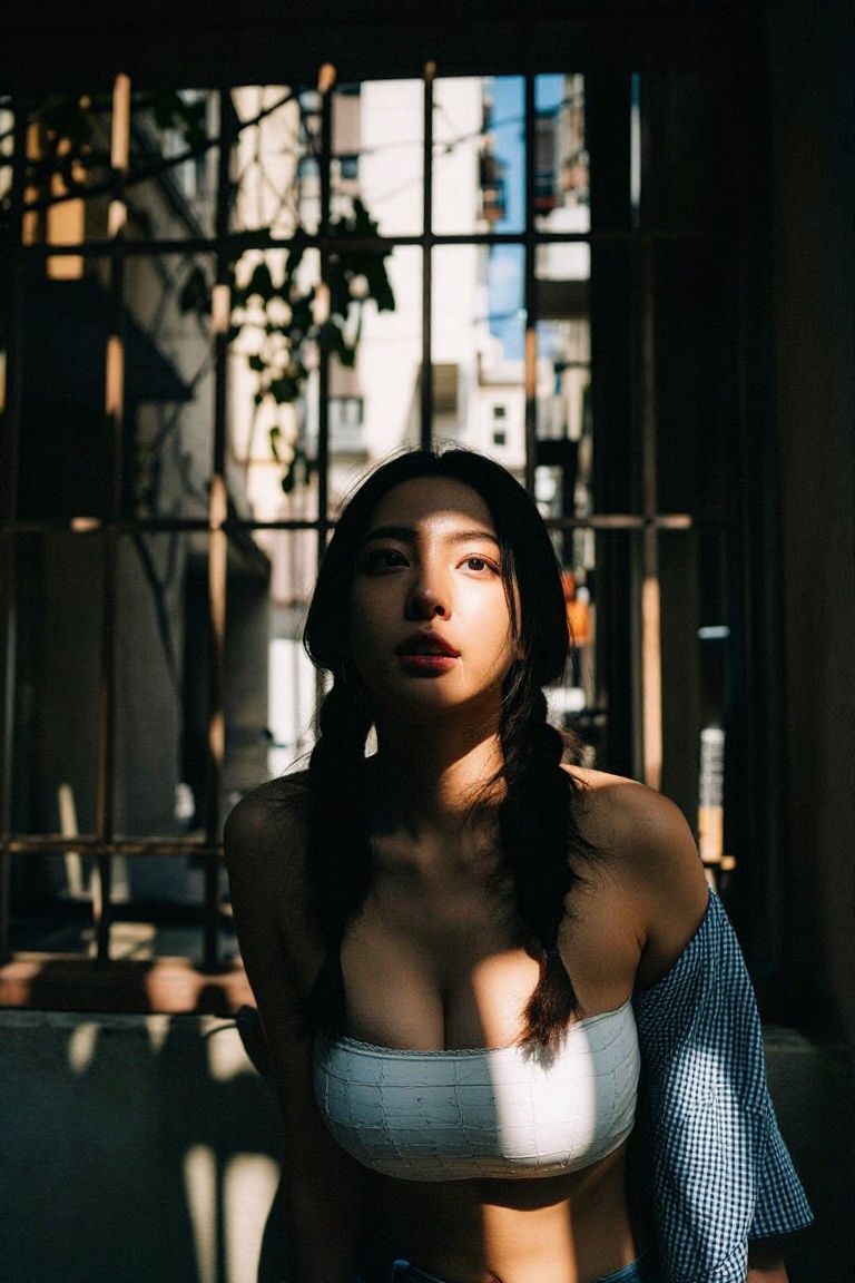 An aesthetic cinematic street portrait photography of a lady taking a photo at old buildings in urban ******. We see the c...