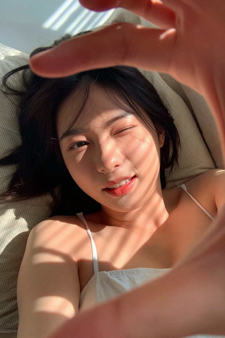 "subject": "description": "A cute young East Asian woman in her early 20s with fair skin and short black bob,  lying down...