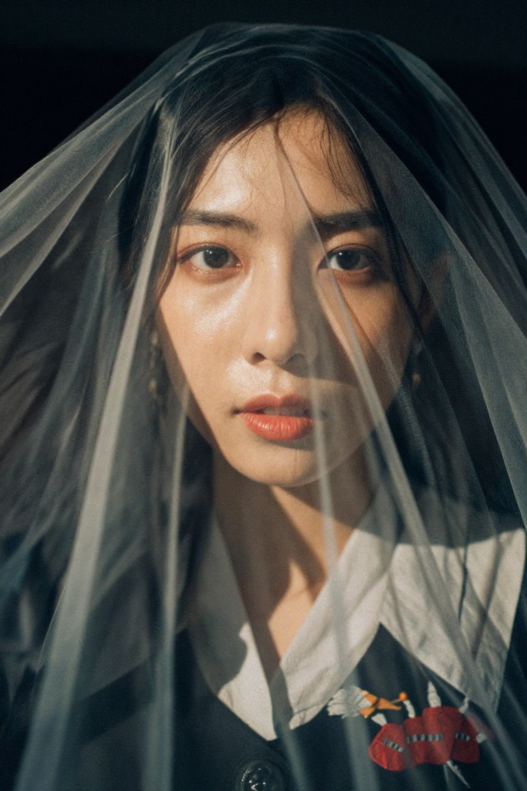 Ultra-detailed,  hyperrealistic portrait of a woman wearing a translucent veil inside a dark room,  dramatic shadows falli...