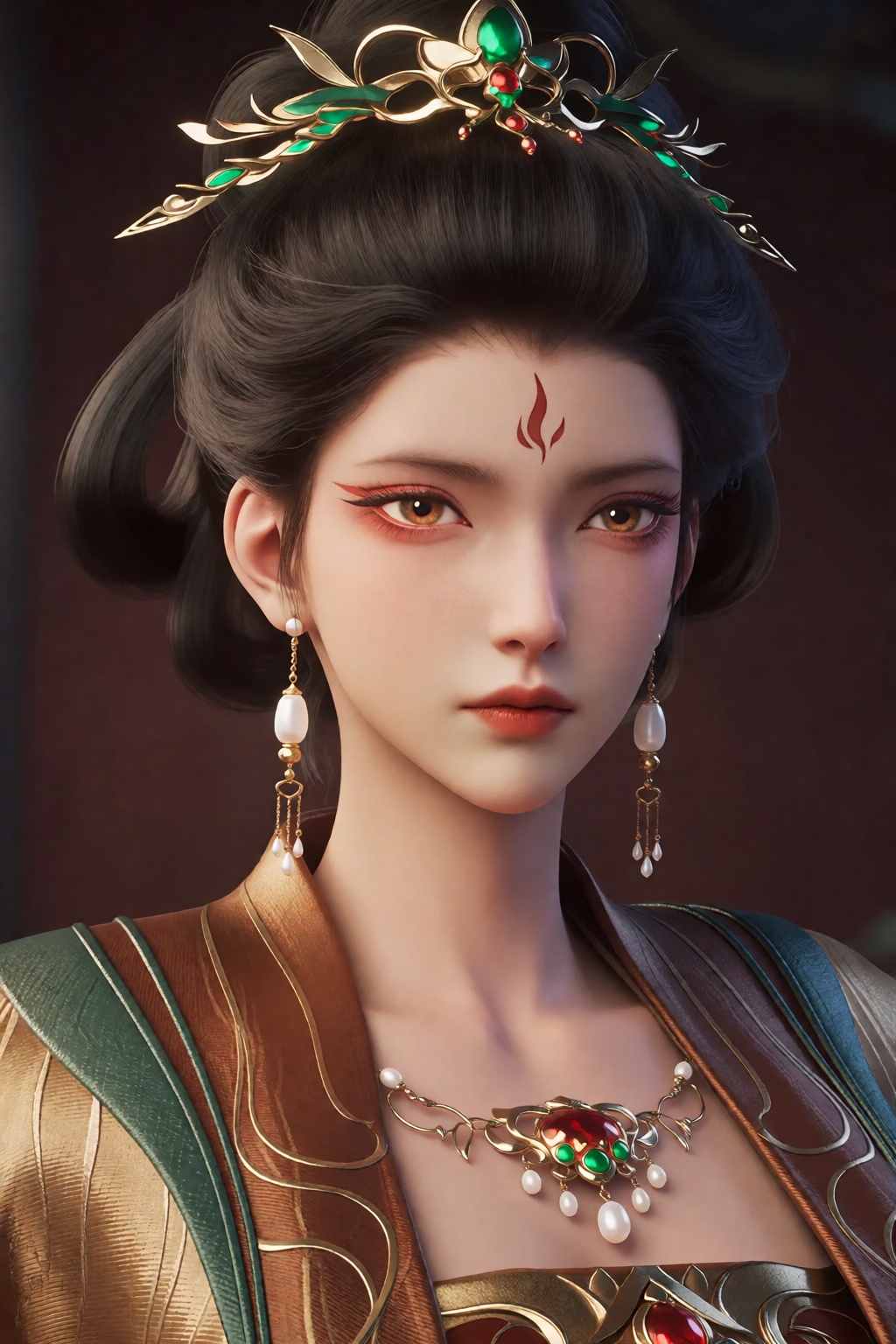 the image portrays a beautifully rendered digital character with an elegant and regal appearance,  her dark,  intricately...