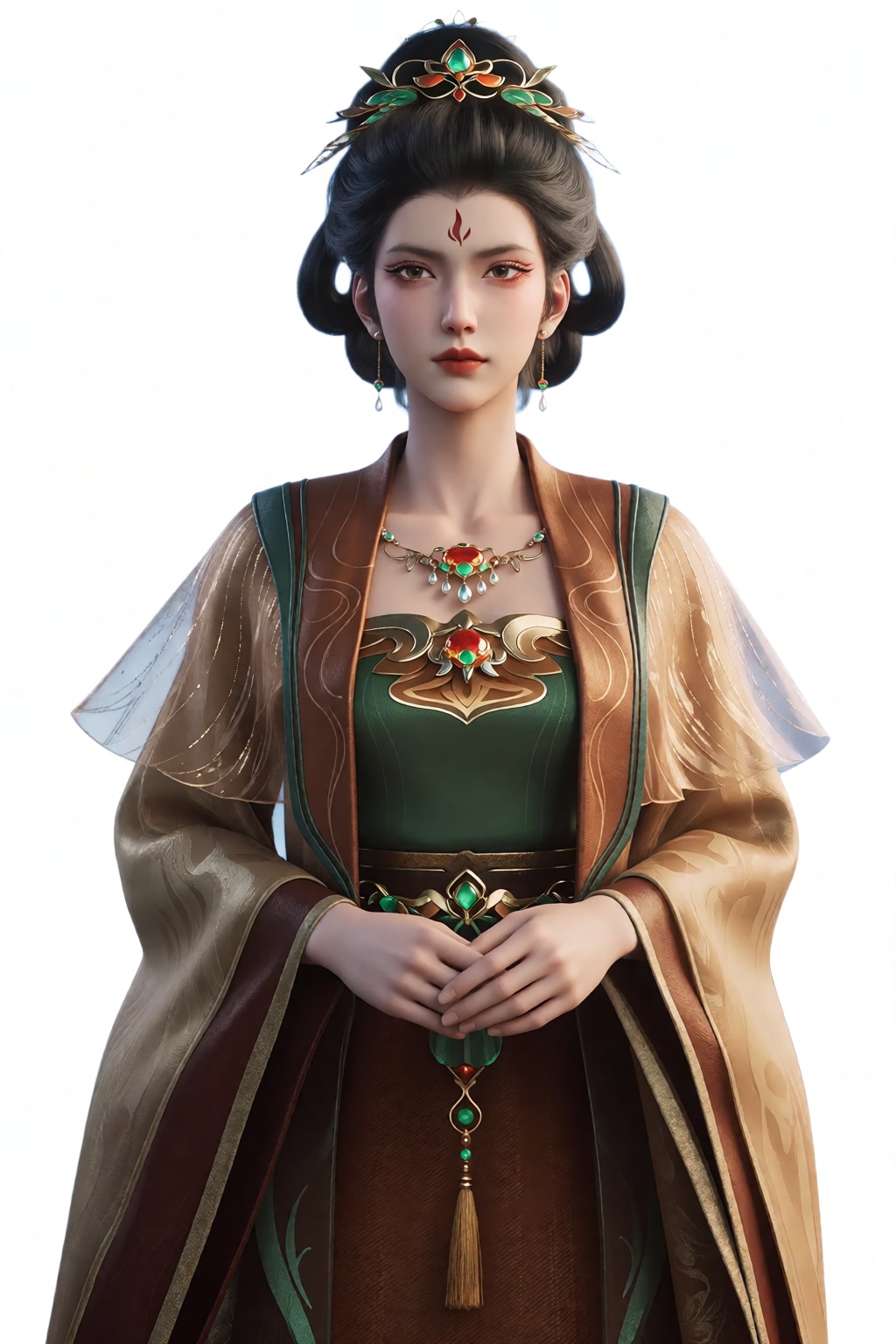 the image portrays a regal,  elegantly dressed woman in traditional east asian-inspired attire,  her dark hair is styled i...