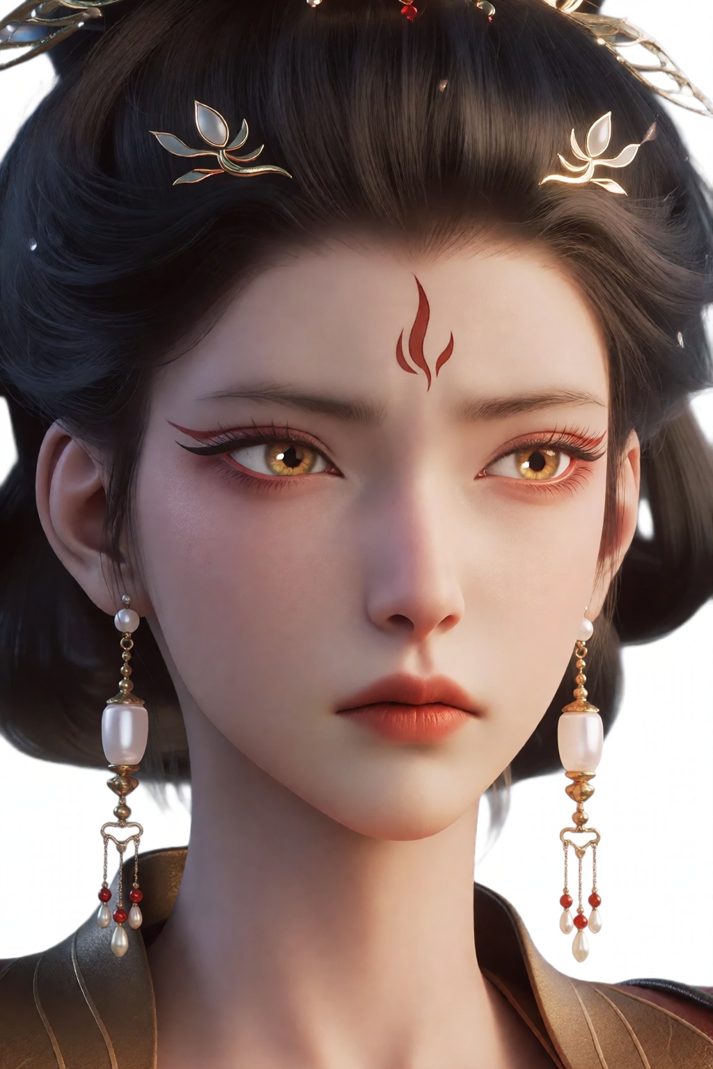 这是一幅高度详细的数字CGI 肖像,  描绘的是一位空灵、皮肤白皙的女性,  她的五官精致得几乎像瓷器一样。她的深棕色头发盘成优雅的高髻 by 让AI更感性 on Tensor.Art