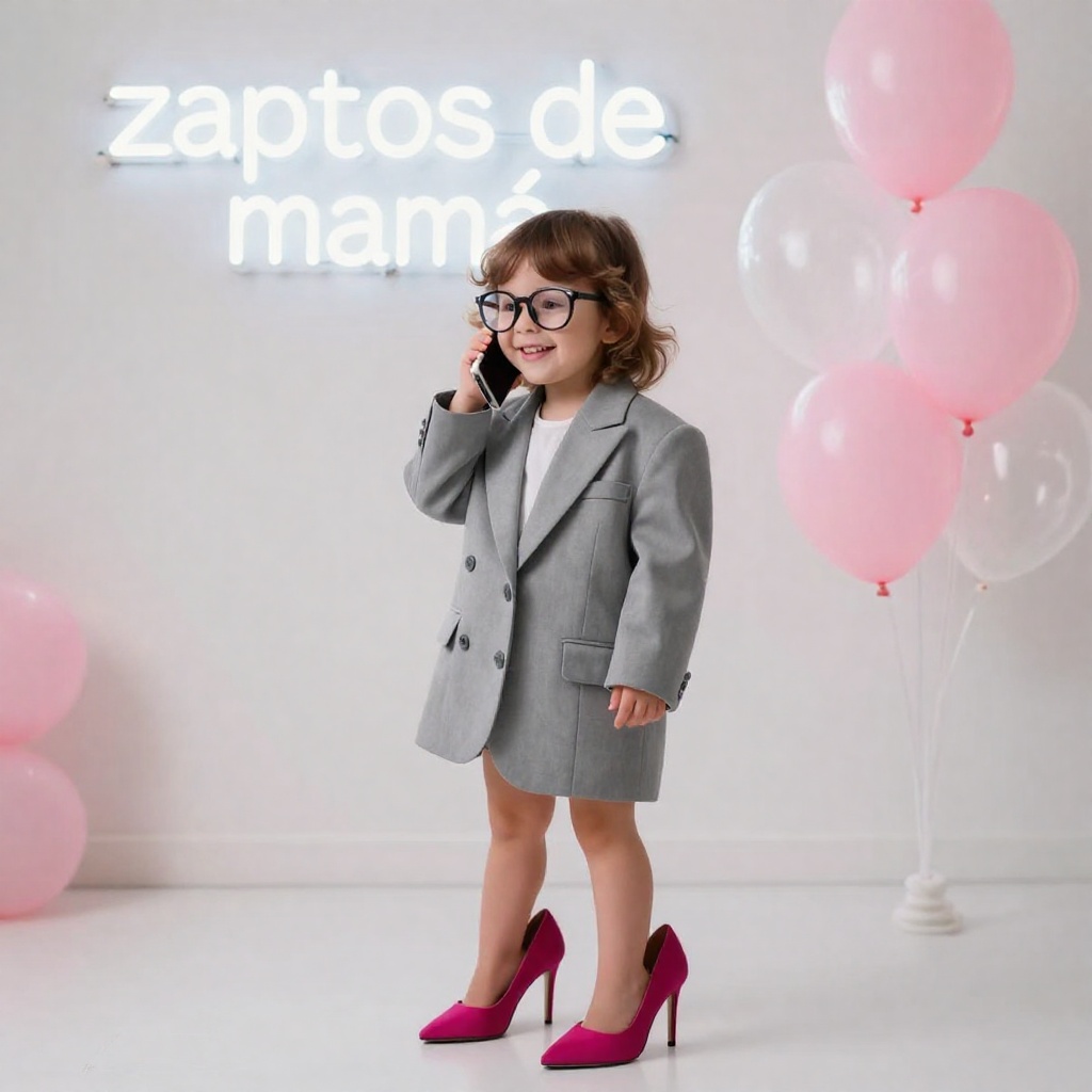 A cute toddler girl with glasses and a joyful smile,  speaking on a phone while wearing an elegant oversized gray business...