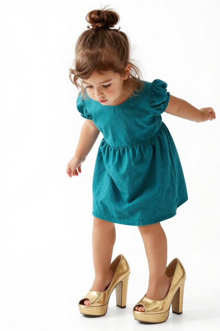 A young girl,  approximately 3–4 years old,  with warm olive-toned skin and soft brown eyes gazes downward with focused cu...