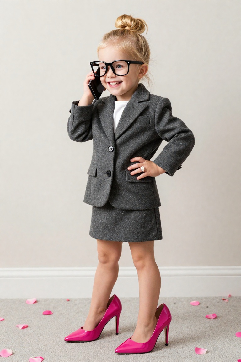 A cheerful toddler girl,  approximately 3–4 years old,  stands confidently in a three-quarter view on Tensor.Art