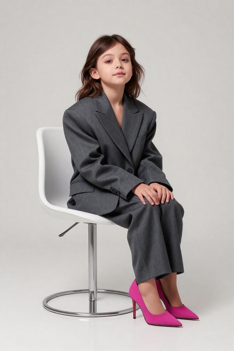 A little girl with playful expression wearing an elegant oversized charcoal gray business suit and giant magenta high heel...