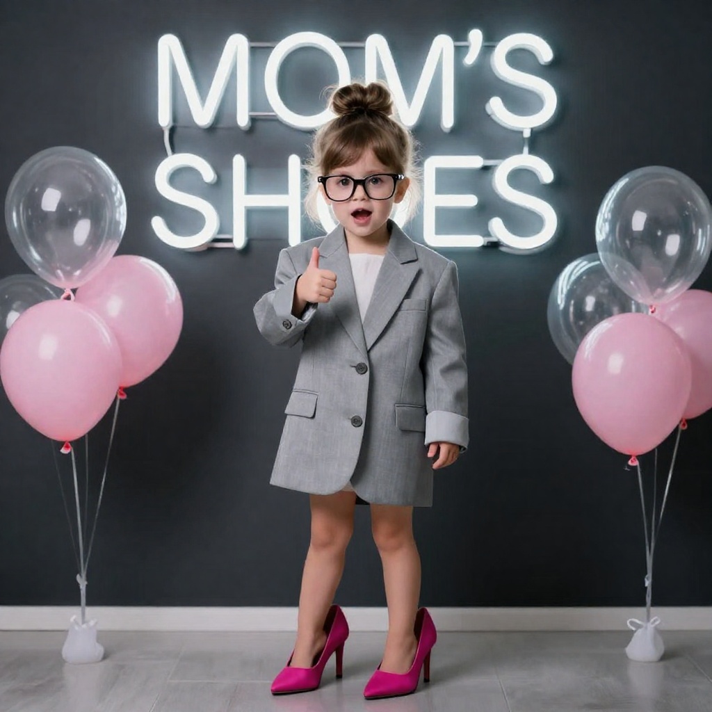 A cute toddler girl with glasses looking directly at the camera with an enthusiastic expression,  giving a clear thumbs-up...