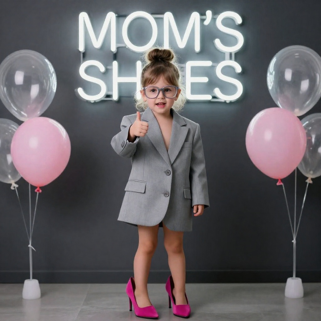 A cute toddler girl with glasses looking directly at the camera with an enthusiastic expression,  giving a clear thumbs-up...