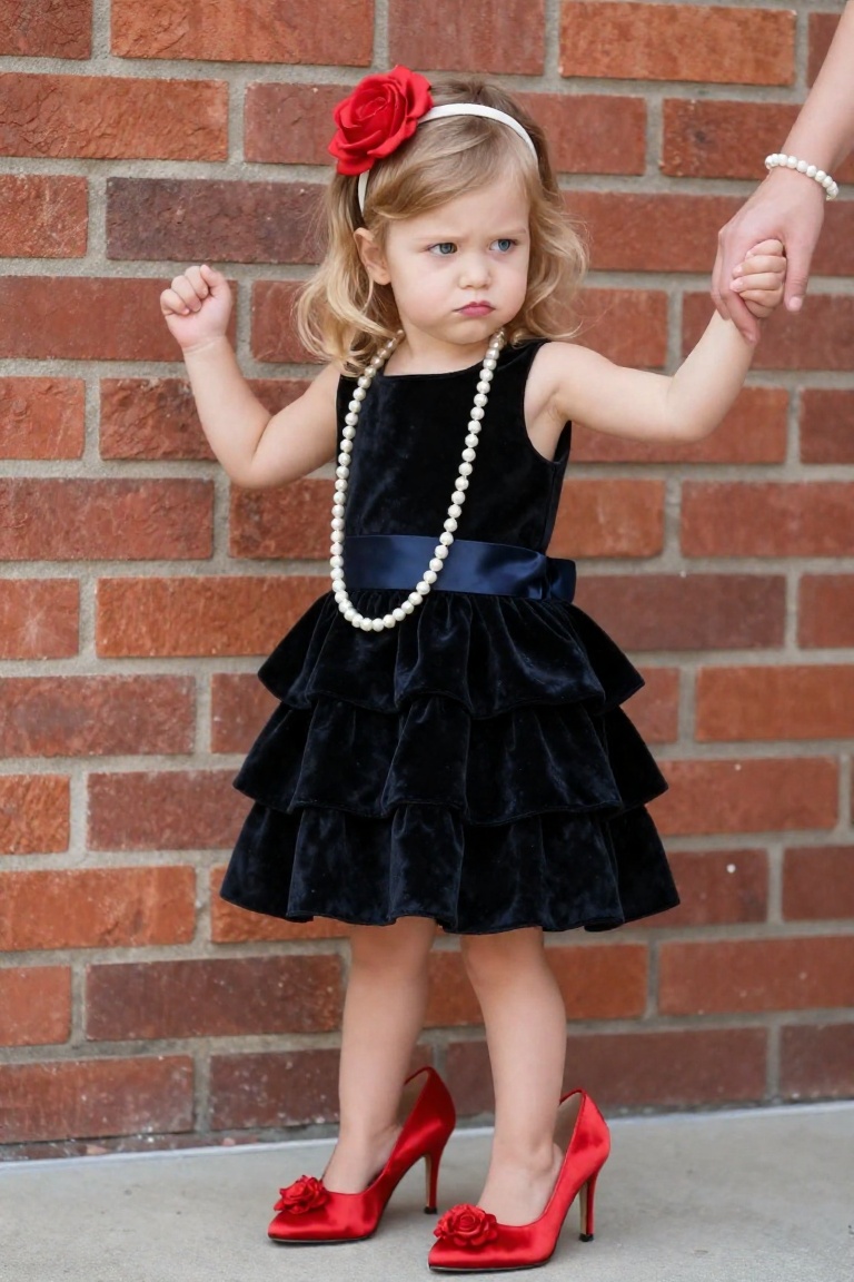 A toddler girl,  approximately 3–4 years old,  stands confidently against a weathered red brick wall on Tensor.Art