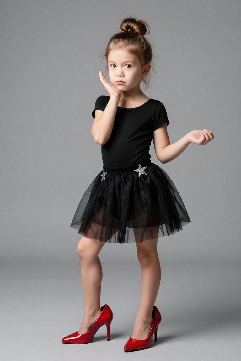 A young girl,  approximately 5–6 years old,  stands in a playful on Tensor.Art