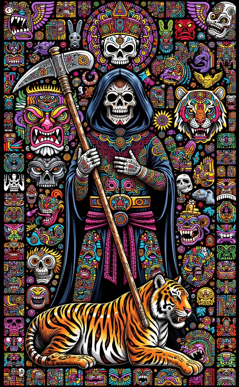 The theme of the dark surrealist,  the skull -robed skull character carrying a giant sickle,  standing in the middle. Surr...