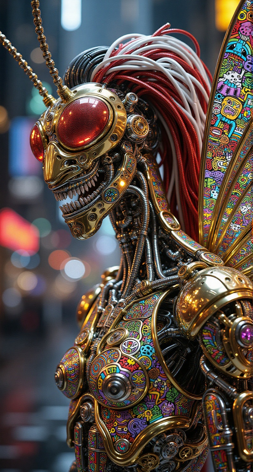 Ultra-detailed 3D artistic surreal fractal,  cinematic macro shot of a cyberpunk-style futuristic cyborg human-mosquito hy...