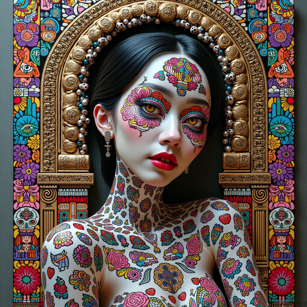 Surreal Polkadot Dream — surreal 3D portrait of a beautiful young Korean woman crouching inside an ancient elegant palace...
