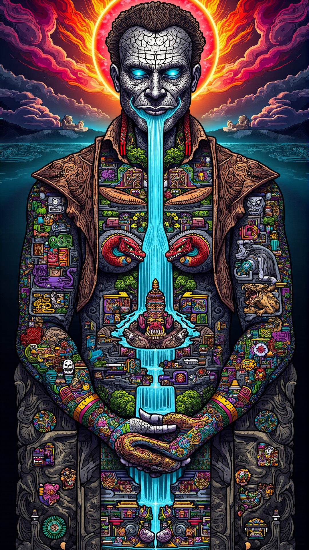 A meditating entity made of layered bark,  bones,  and stone. His body splits like torn handmade paper on Tensor.Art