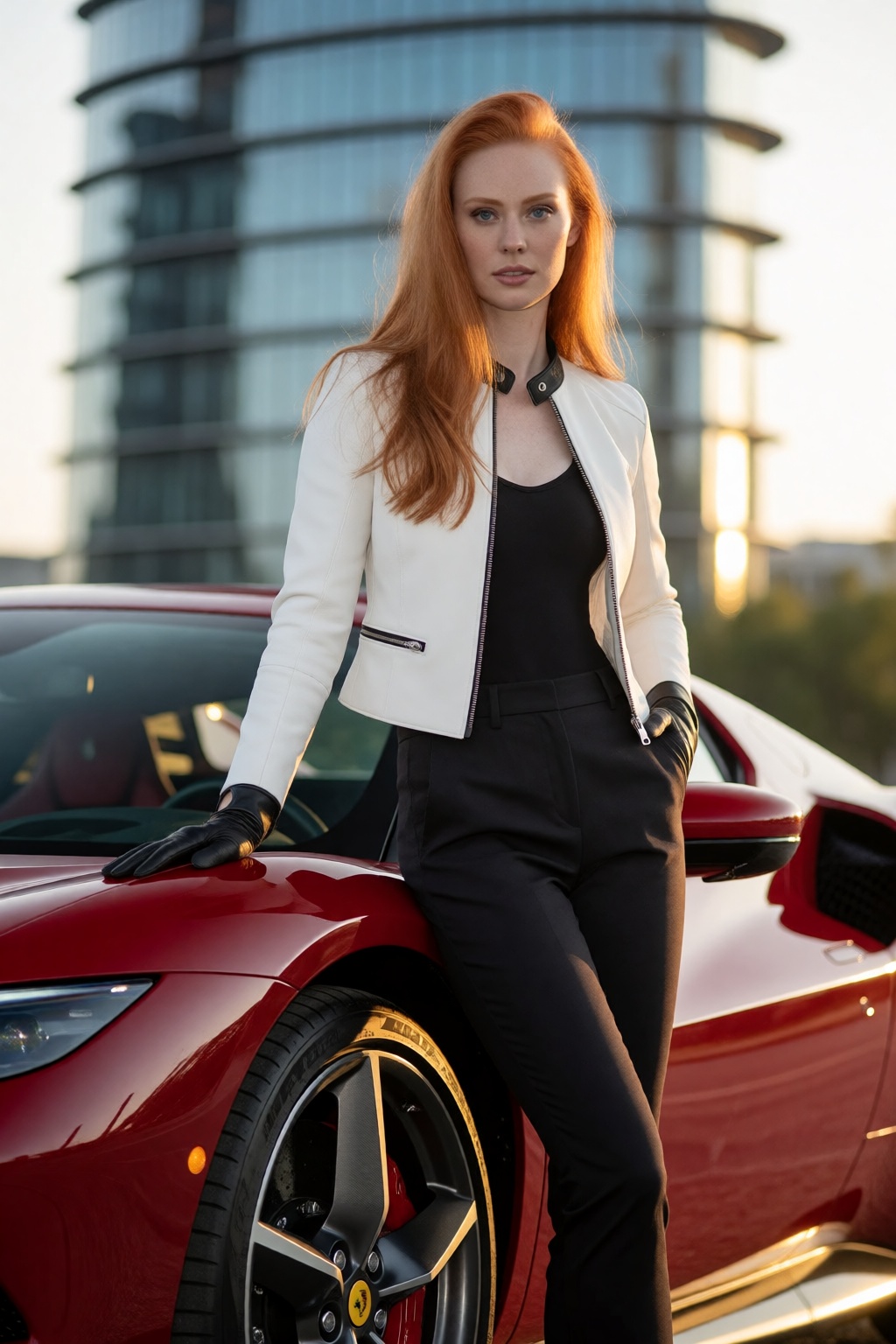 woD3b40ll stands beside a Ferrari 296 GTB parked in front of a contemporary glass skyscraper at sunrise,  her vibrant red...