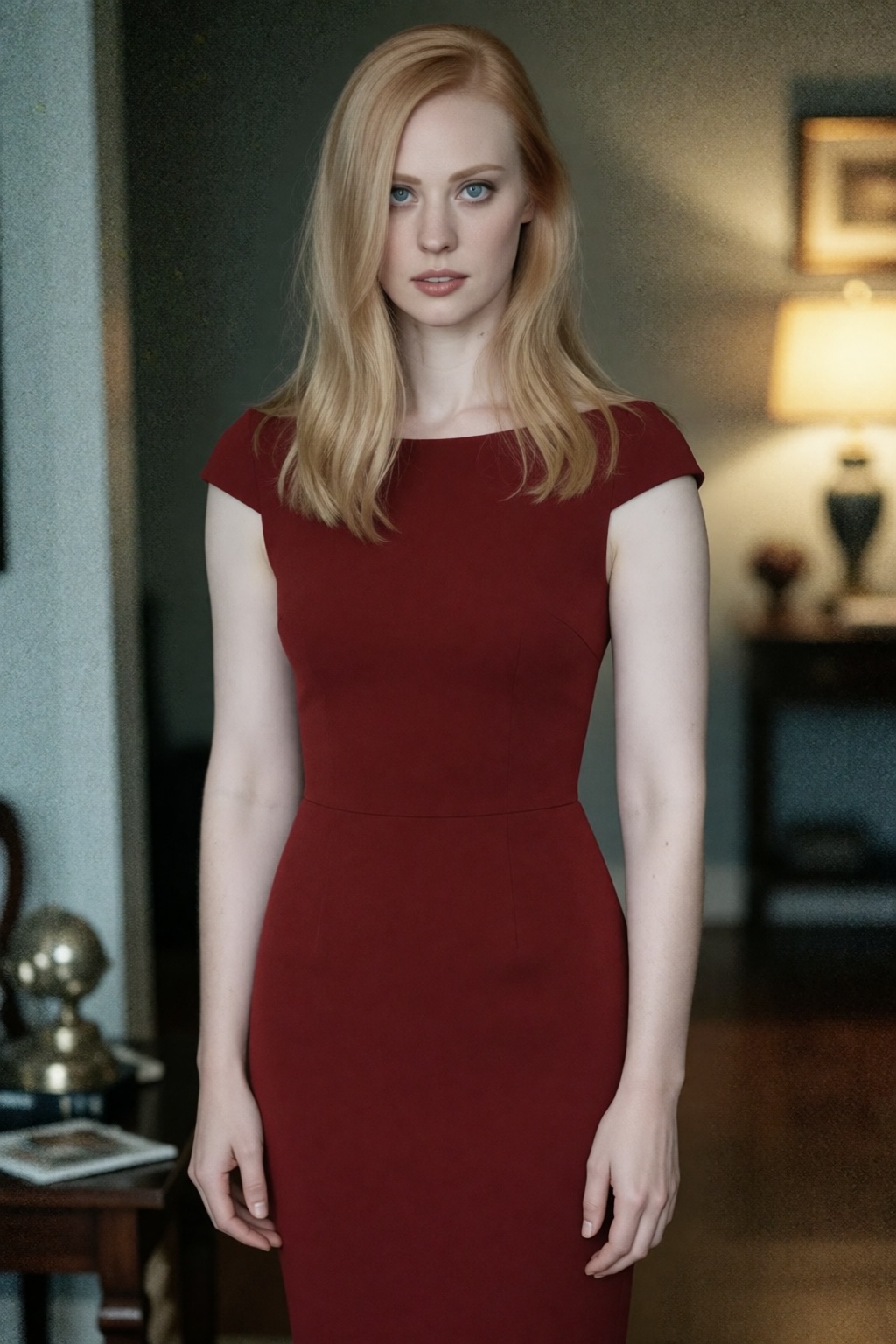 woD3b40ll a woman alone,  looking at viewer. she is only wearing a dark red ponte dress. film grain,  artistic framing on...