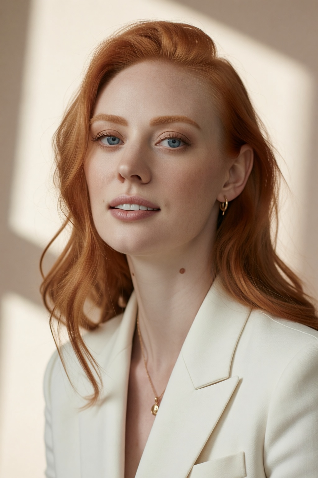 woD3b40ll is captured in a refined luxury fashion editorial portrait inside a minimalist studio with a soft beige backdrop...
