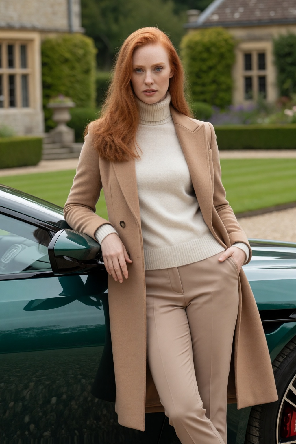 woD3b40ll leans elegantly against an Aston Martin DB12 outside an exclusive countryside estate surrounded by manicured gar...