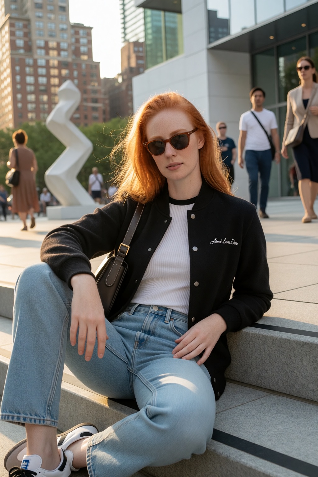 woD3b40ll relaxes on the steps outside a contemporary art museum in the heart of a vibrant metropolitan city,  surrounded...