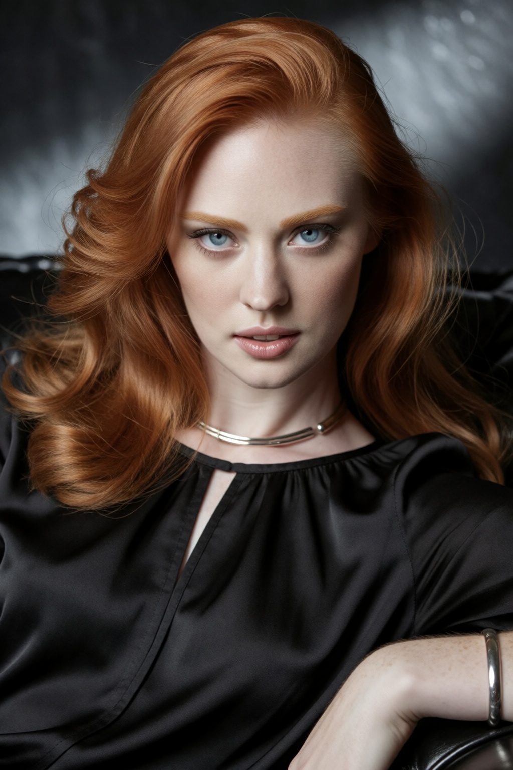 woD3b40ll poses for a dramatic beauty editorial portrait inside a dark luxury studio surrounded by deep charcoal textures...