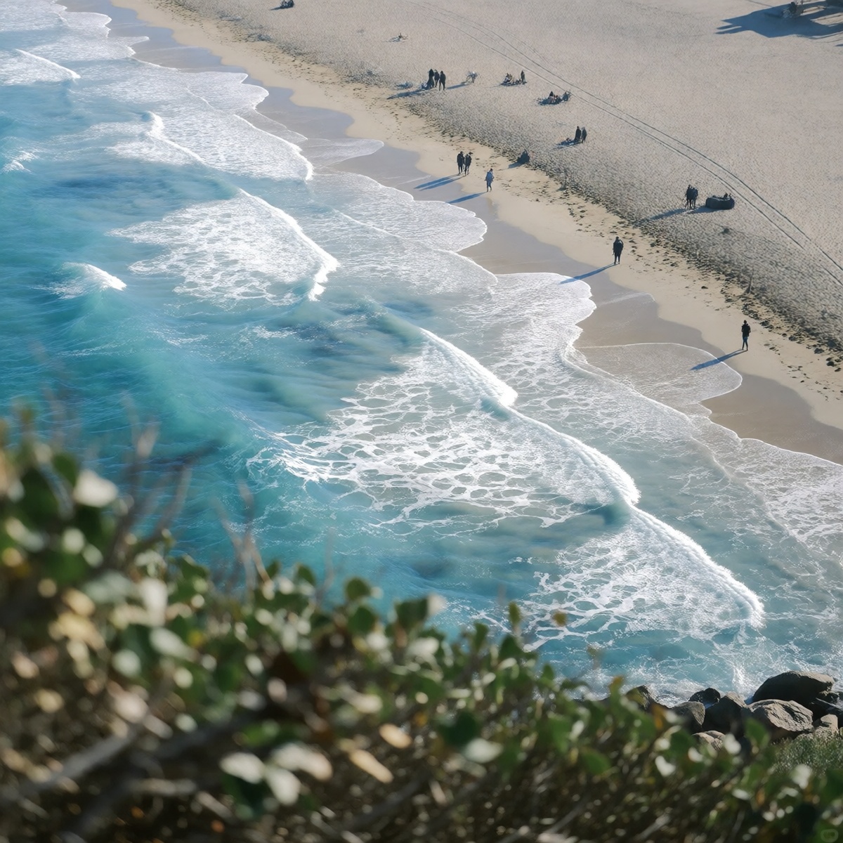 A photo-realistic view from a birds eye view of a beach with turquoise water and gentle waves. the image features a vast e...