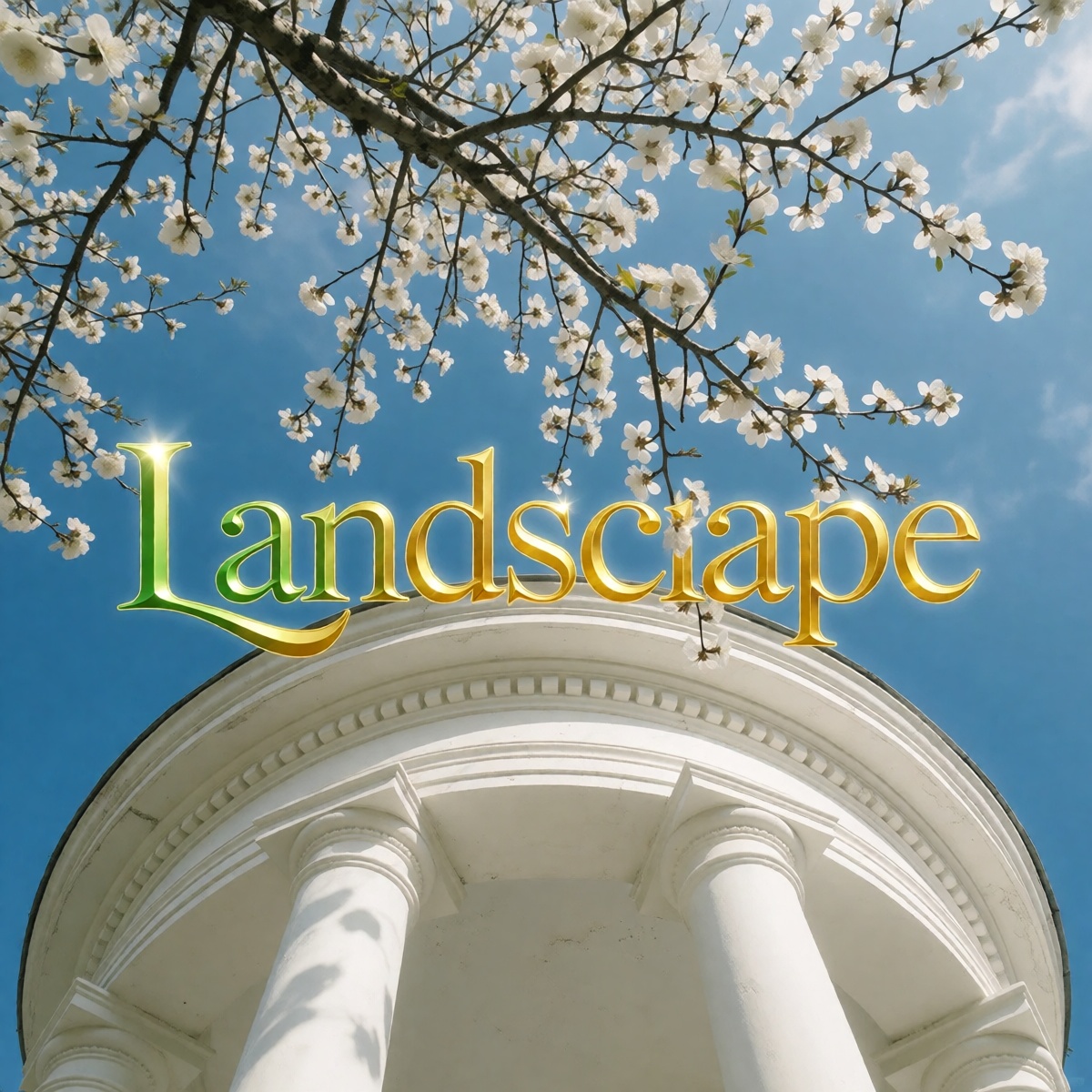 A photo-realistic shoot from below about a white building with columns and branches covered in white flowers against a bri...