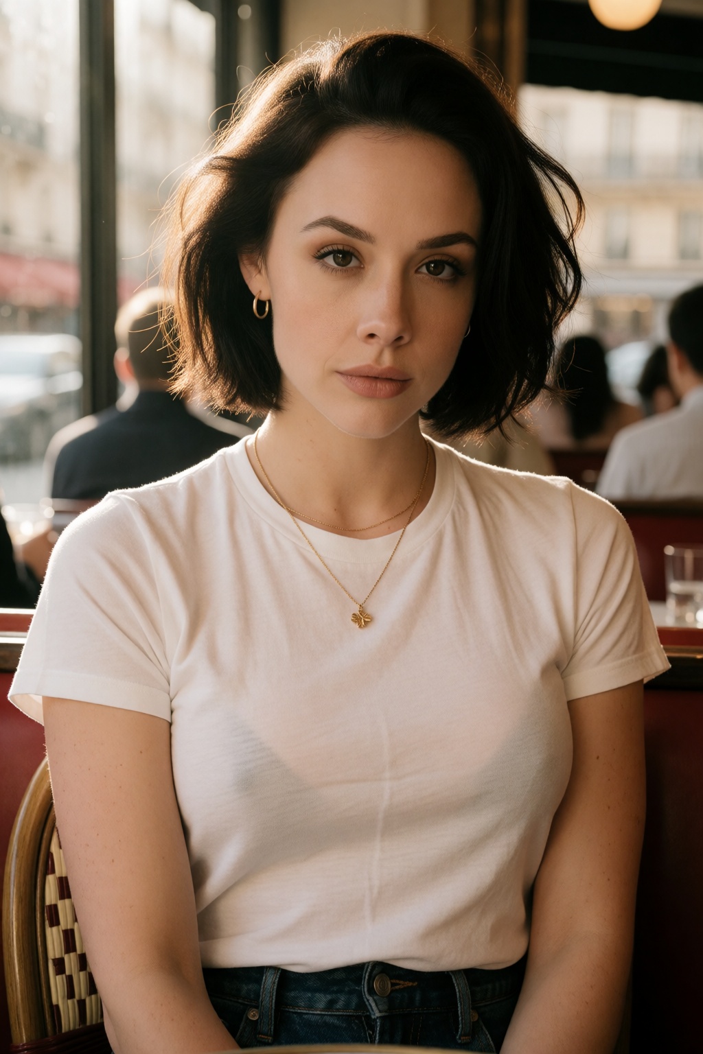A close-up portrait of woCh40n with dark hair styled in a natural,  messy bob,  sitting in a Parisian cafe. She wears a cl...