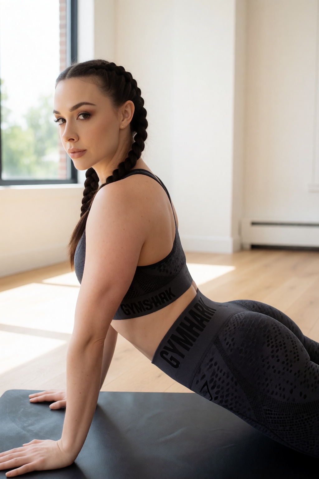 A high-fashion athleisure portrait featuring woCh40n with dark hair styled in twin boxer braids,  stretching on a rubber m...