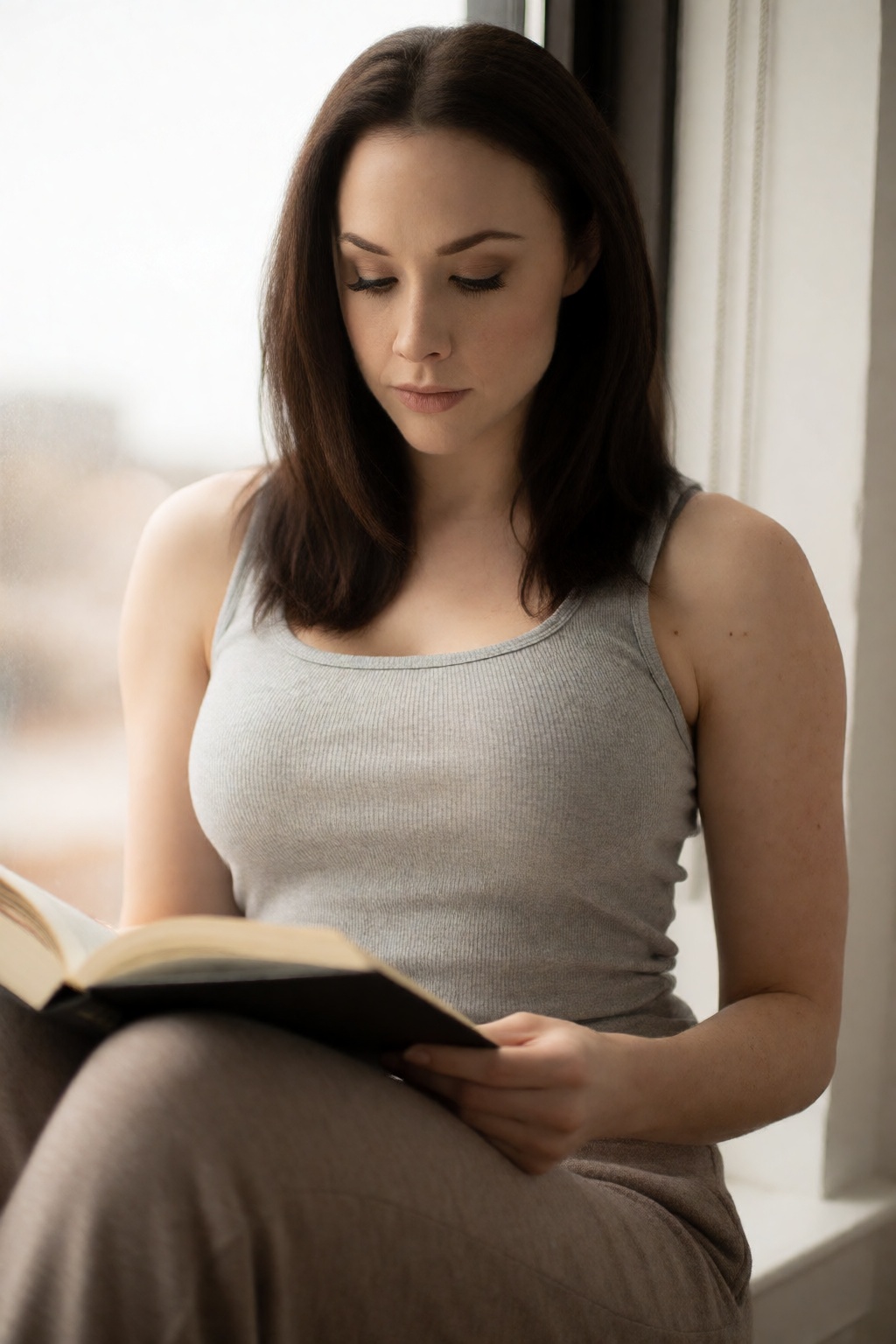 A quiet,  contemplative portrait of woCh40n with her dark hair down,  reading near a large window in a minimalist apartmen...