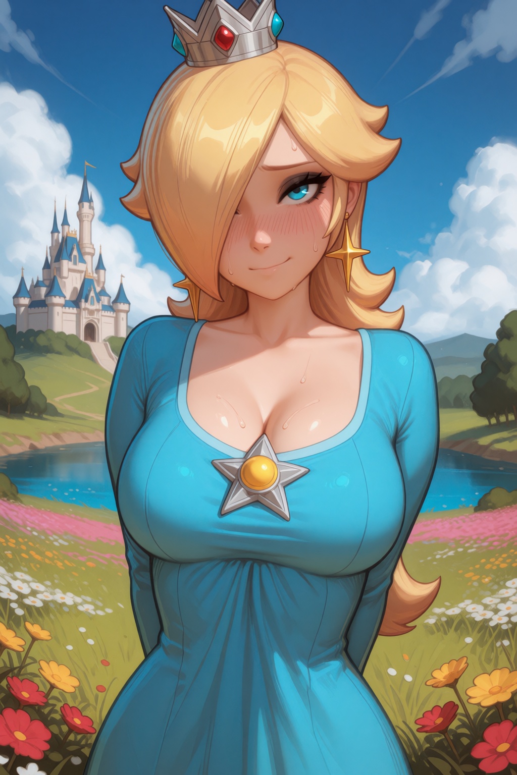 maldoai-style,  upper body shot,  she is standing shyly with her hands behind her back on Tensor.Art