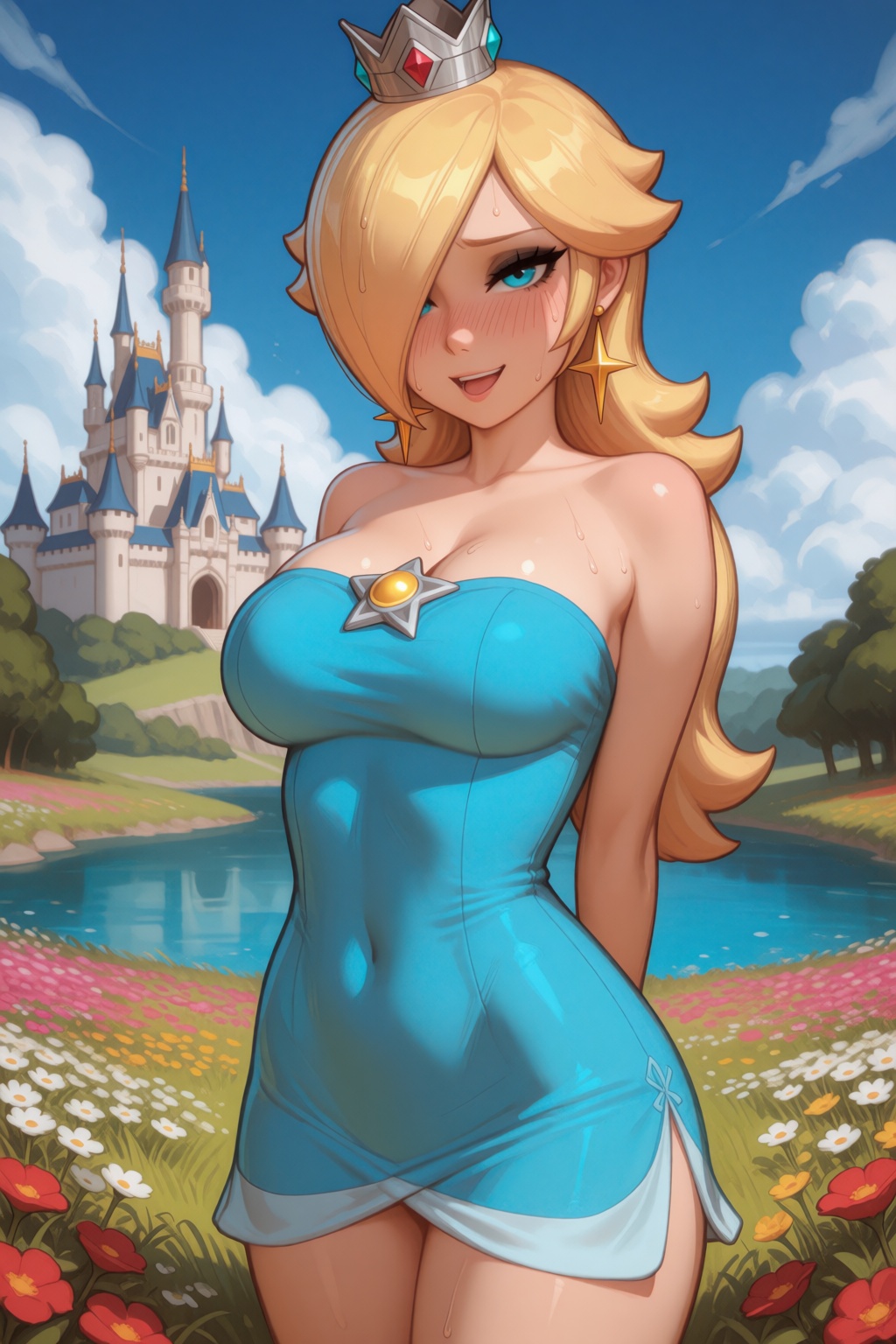 maldoai-style,  upper body shot,  she is standing shyly with her hands behind her back on Tensor.Art