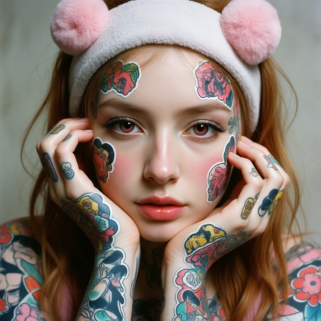 Realistic photographic style,  close-up portrait of a young woman with pale skin and light red hair. She is wearing a ligh...