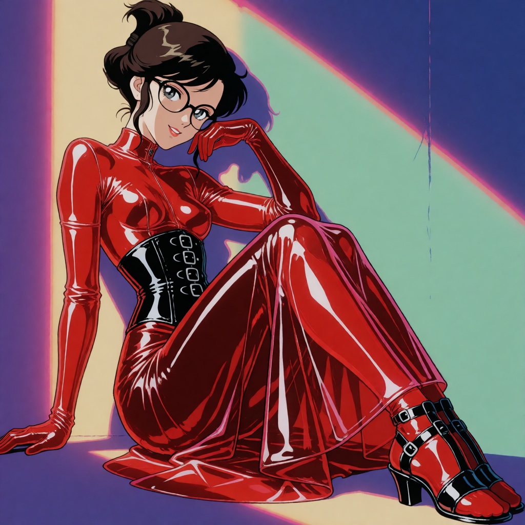 A 1980s safarieyes anime illustration of a young woman with small breasts and black hair in a folded updo,  wearing a long...
