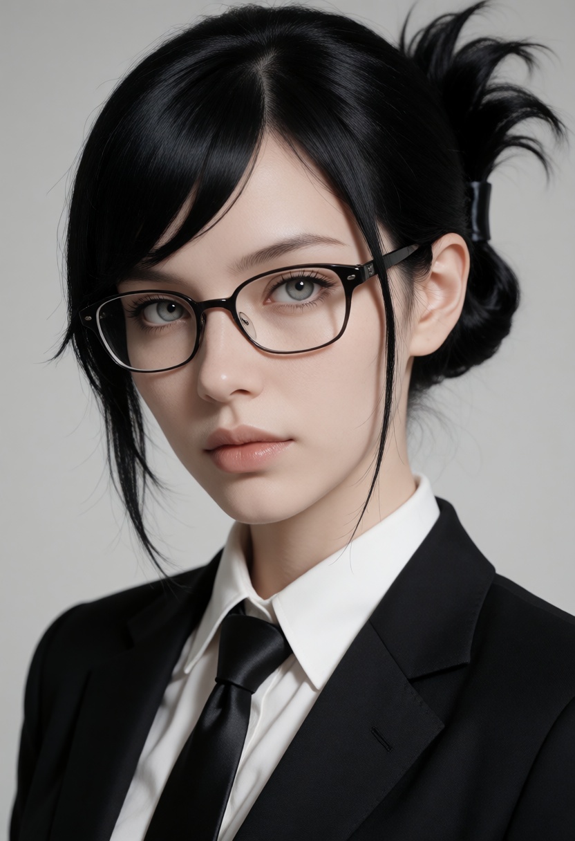 A high-quality studio portrait taken on 35mm stock with a 80mm lens of a young woman with small breasts and black hair wit...
