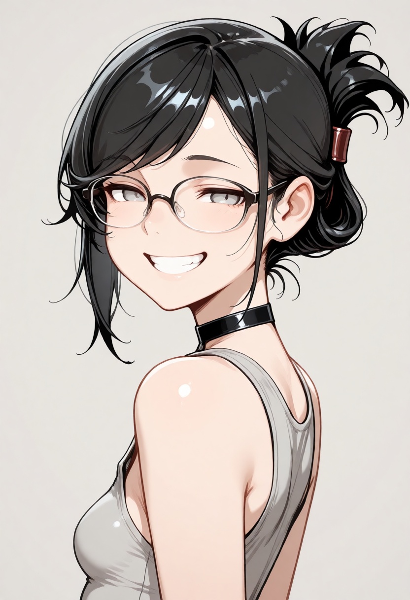 A portrait of a young woman with small breasts and black hair with swept bangs in a folded ponytail,  gray eyes and glasse...