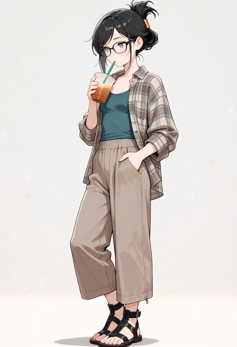Create an illustration of a young woman standing against a plain bright background. Her black hair is styled in a folded u...