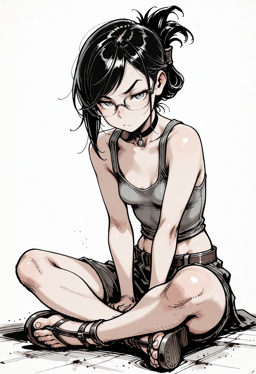 A messy ink sketch of a young woman with small breasts and black hair with swept bangs in a folded ponytail,  gray eyes an...