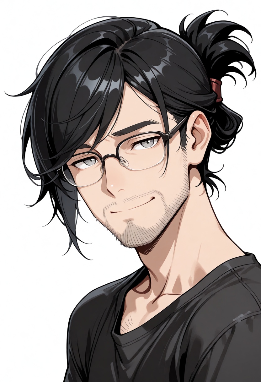 A n anime style portrait of a young man with black hair with swept bangs in a folded ponytail,  gray eyes and glasses and...