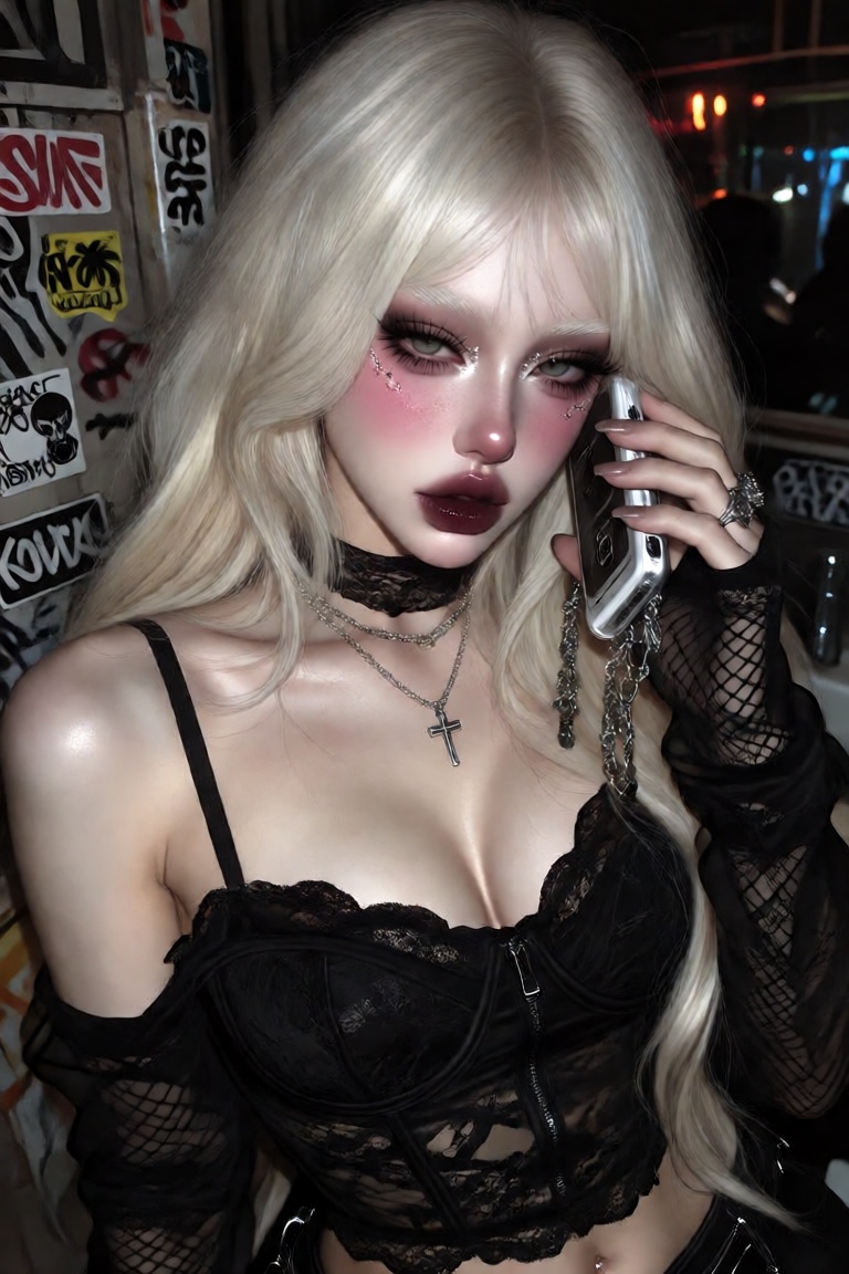 A sharp flash-photography close-up portrait of a girl with platinum blonde hair and thin brows,  looking directly at the v...