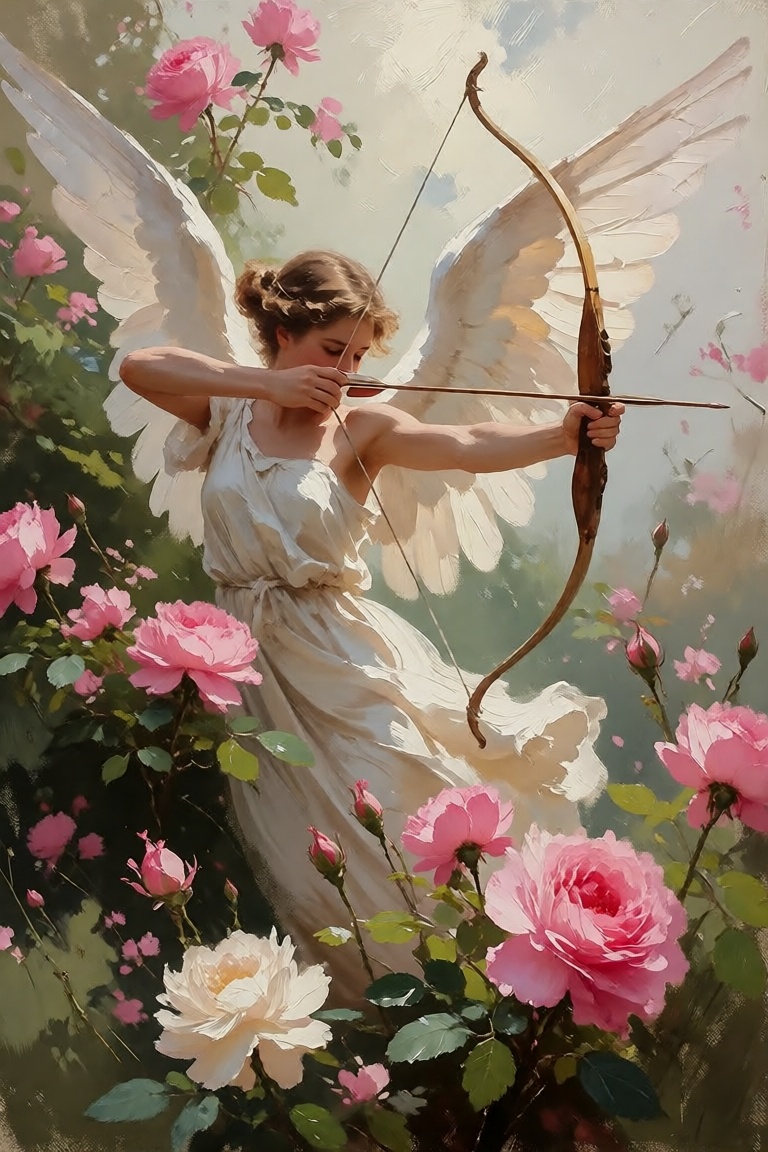 The image depicts a classical painting of an angelic figure with large white wings,  playing a bow and arrow. The angel is...