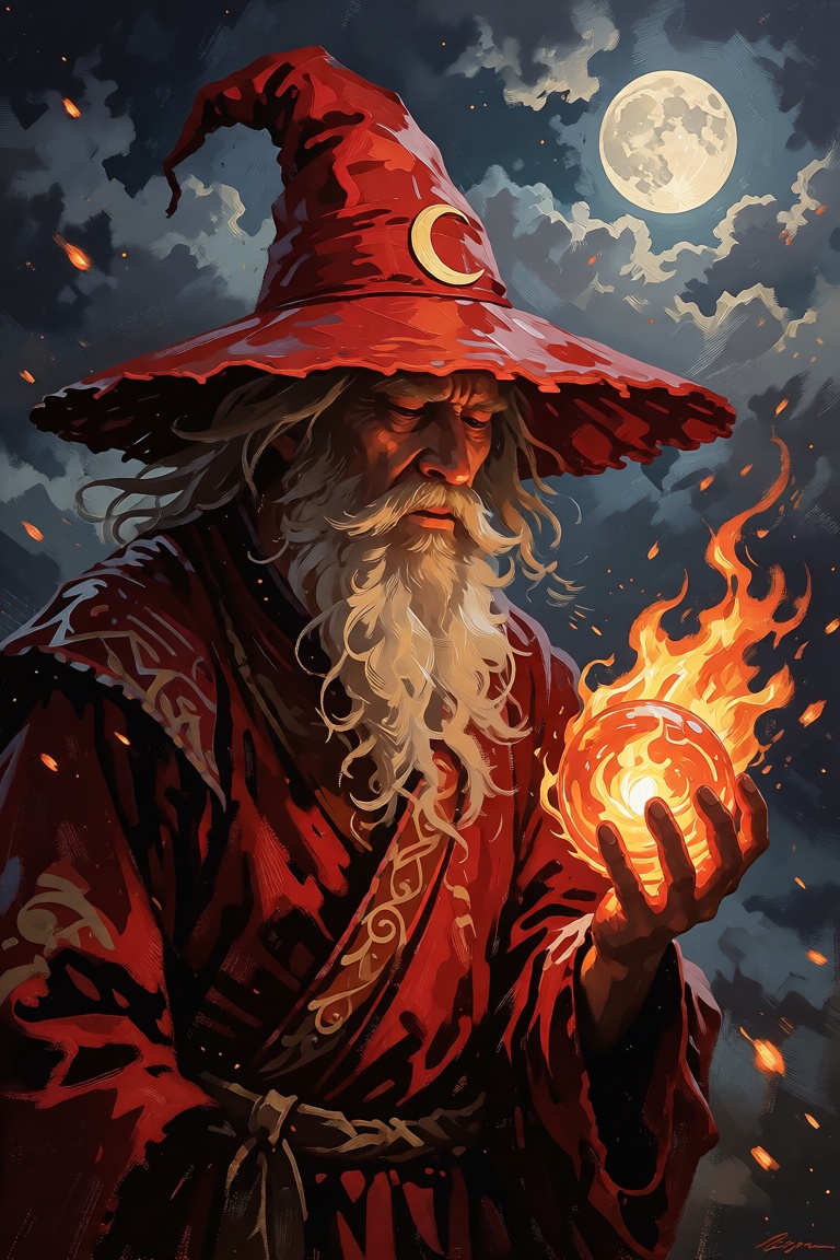 The image depicts a fantastical scene with a wizard-like figure in the foreground. The wizard is dressed in a flowing red...