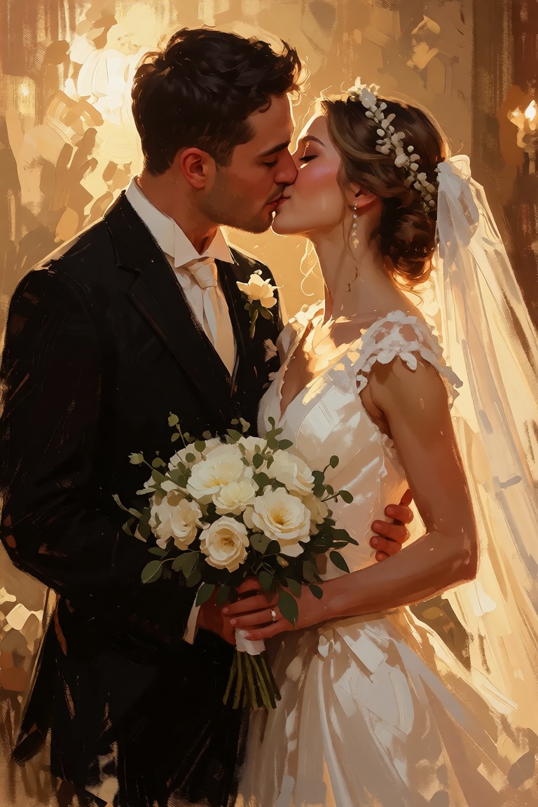 The image depicts a romantic scene of a couple in a wedding setting. The man is dressed in a black suit with a white shirt...