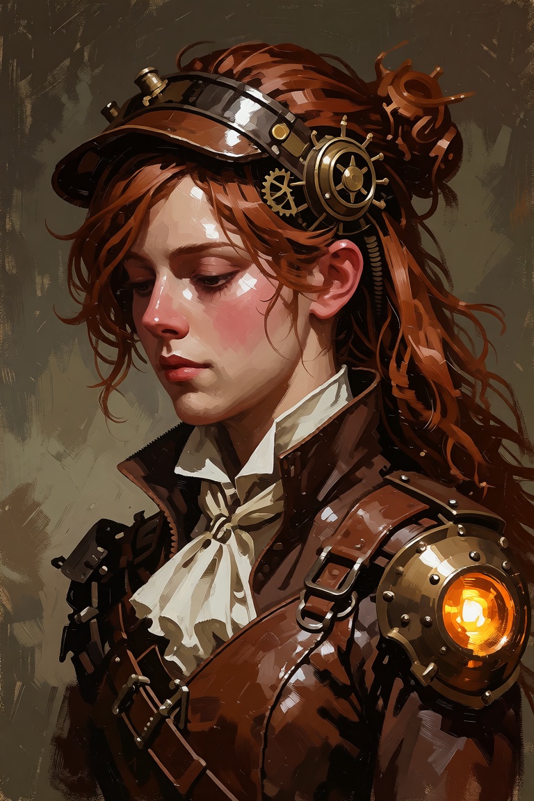 The image depicts a steampunk-style character with a distinct appearance. The character has long,  wavy,  reddish-brown ha...