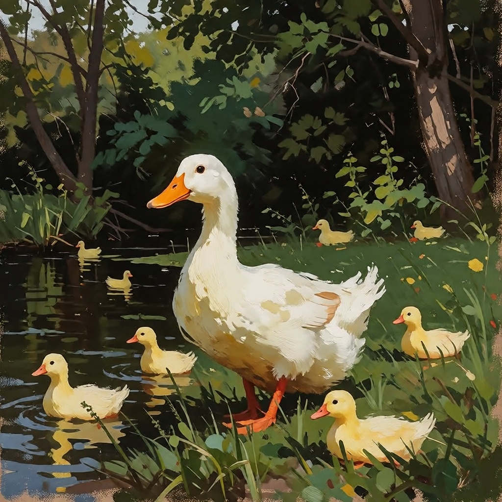 The image depicts a serene outdoor scene with a group of ducks and a large white duck at the center. The ducks are surroun...